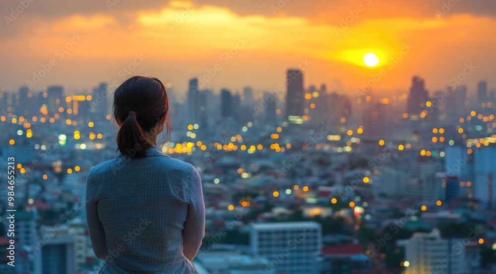 A businesswoman reflects on her next investment while gazing at a city sunset A businesswoman reflects on her next investment while gazing at a city sunset