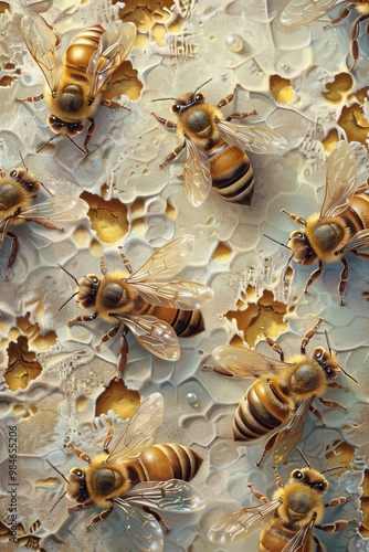 An intricate illustration showcasing honeybees against a textured background, emphasizing