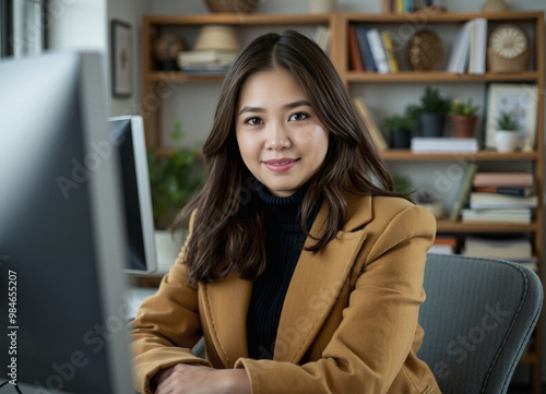 junior content writer starting her day, managing behind screen, calmness and gratitude, wool overcoat, blurry background during late afternoon, professional lighting, portrait