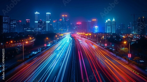 Cityscape with Traffic Lights and Skyline at Night