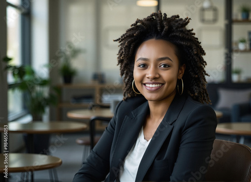 millennial staff member sits, leadership in the workplace, hopefulness and relief, bokeh lighting, lively and true to life composition with negative space, portrait photo