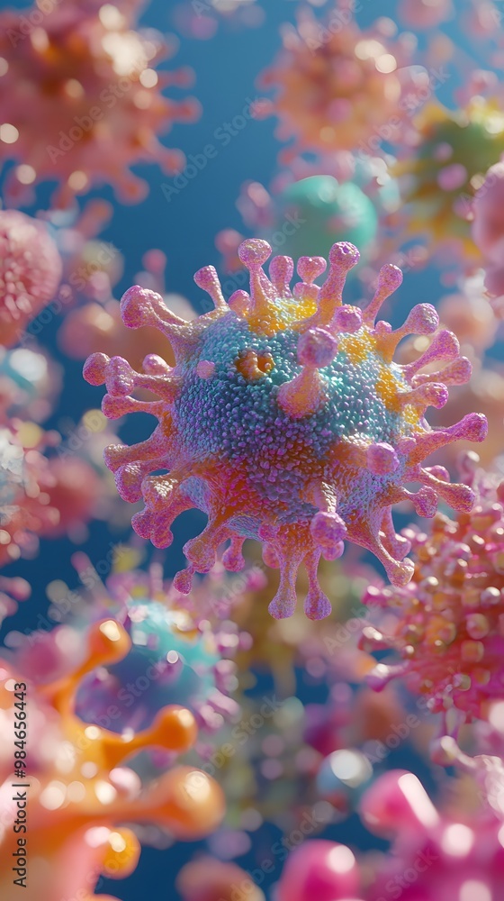 A vibrant sale of colorful virus cells in close-up view, highly detailed, A vibrant sale of colorful virus cells in close-up view, highly detailed,