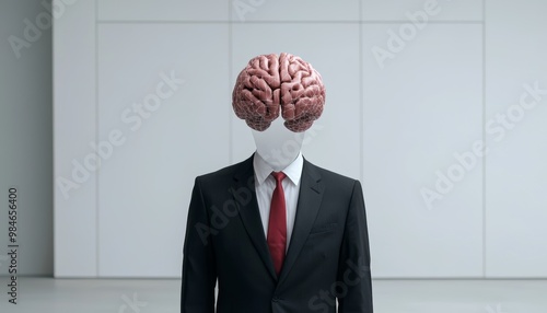 A faceless businessman with a floating digital brain, representing the shift toward tech-centric corporate strategies. photo