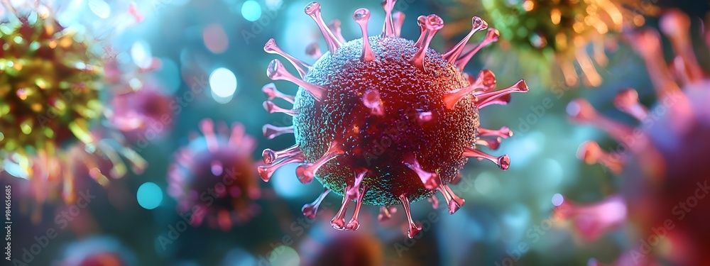 A vibrant sale of colorful virus cells in close-up view, highly detailed, A vibrant sale of colorful virus cells in close-up view, highly detailed,