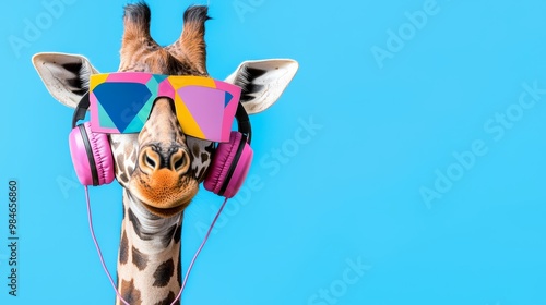 A modern giraffe with geometric patterns on its neck, wearing hipster glasses and headphones.