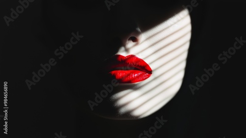 A mysterious woman partially hidden by shadow, her red lips contrasting with the dark ambiance. photo