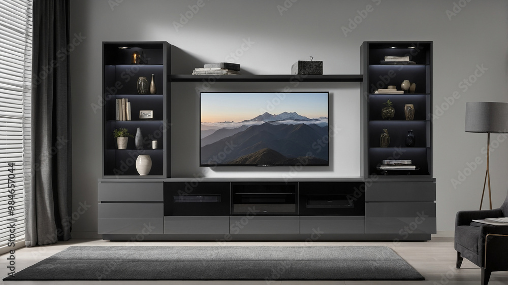 Modern minimalist entertainment center with TV, shelves, and decorative items in stylish living room Modern minimalist entertainment center with TV, shelves, and decorative items in stylish living room
