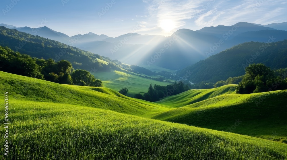 A peaceful morning in a verdant valley, with the sun peeking over the mountains, casting rays of light across the fields. A peaceful morning in a verdant valley, with the sun peeking over the mountains, casting rays of light across the fields.