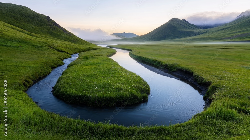 A picturesque valley at dawn, the sun casting golden light across the grassy slopes and the meandering river. A picturesque valley at dawn, the sun casting golden light across the grassy slopes and the meandering river.