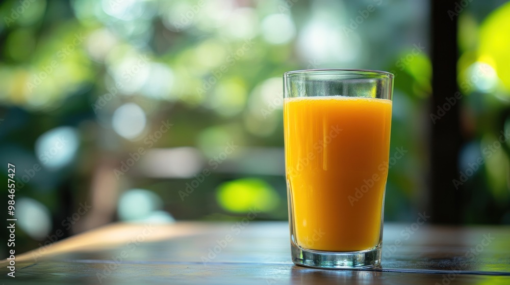 A refreshing glass of orange juice on a wooden table with a blurred green background. A refreshing glass of orange juice on a wooden table with a blurred green background.