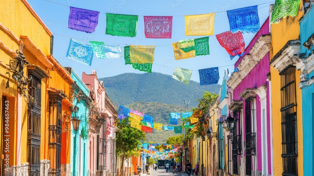 Fototapeta premium Colorful Mexican street with vibrant flags and banners, cultural festival in Oaxaca, professional shot