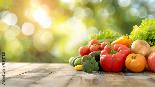 Fototapeta Naklejka Na Ścianę i Meble -  Close-up of colorful fresh fruits and vegetables arranged on a wooden table, representing healthy gut nutrition. Softly blurred background with copy space highlights the vibrant and balanced food comp