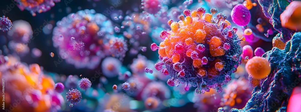 A vibrant sale of colorful virus cells in close-up view, highly detailed, A vibrant sale of colorful virus cells in close-up view, highly detailed,