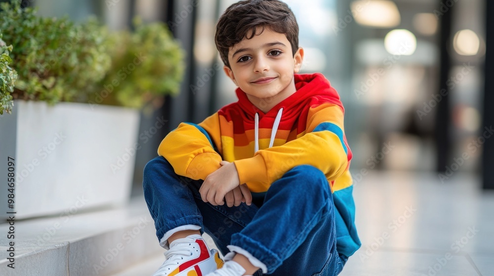 A young boy sits casually, smiling, dressed in a colorful hoodie and jeans. A young boy sits casually, smiling, dressed in a colorful hoodie and jeans.