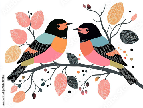 Vector illustration of two bullfinches on a branch with colorful leaves