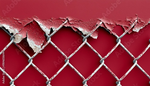 A weathered chain-link fence with peeling paint on a deep crimson backdrop, highlighting urban decay. photo