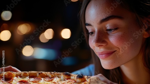 A woman enjoying her favorite pizza in a dimly lit restaurant, with soft lights adding to the ambiance.