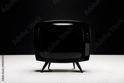 A vintage black television set on a stark white surface against a dark background, evoking nostalgia and retro aesthetics. photo