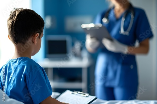 A child in a medical setting waits as a nurse prepares to attend to him, conveying a scene of care and support in a hospital environment. photo