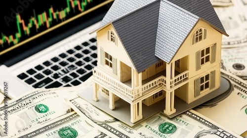 A small house model sits among dollar bills on a laptop displaying a bearish trend graph, illustrating the potential impact of a real estate market crash in a home environment