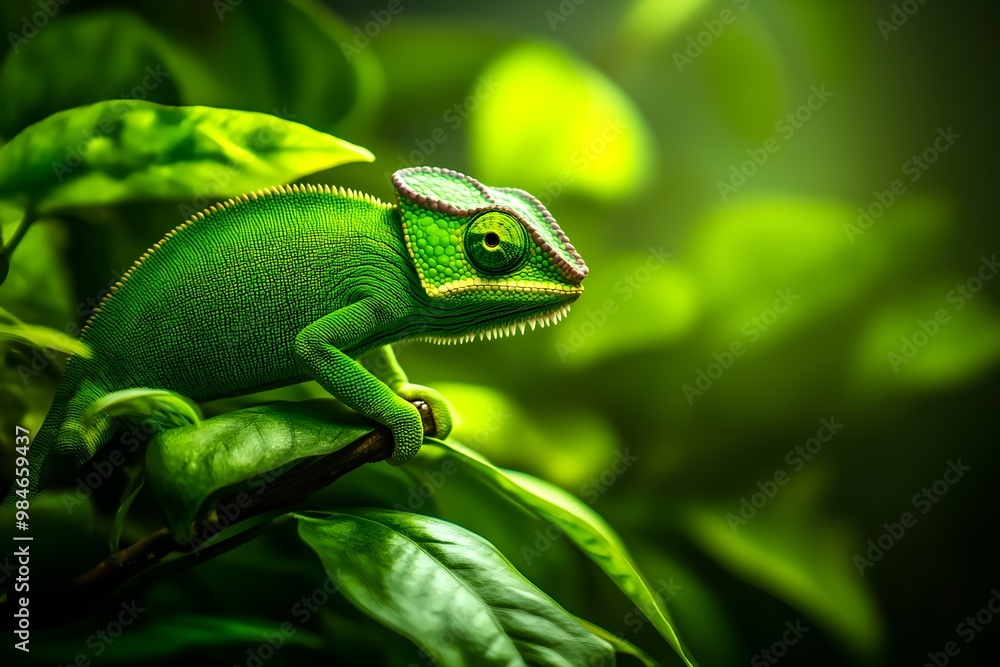 Fototapeta premium A vibrant green chameleon perched on lush leaves, blending beautifully into its natural environment, showcasing its distinctive features and textures.