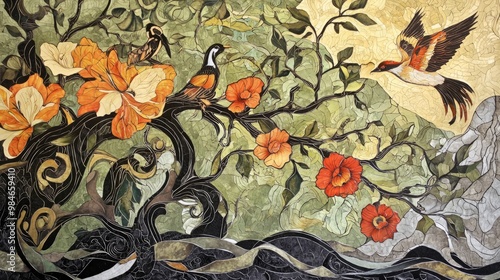 Dynamic Art Nouveau mural featuring flowing vines, birds, and flowers in a harmonious blend of colors. The intricate, organic design captures the elegance and movement of nature, creating a visually c #984659410