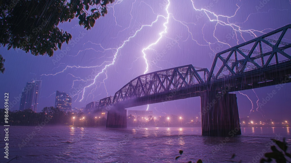 Obraz premium A dramatic lightning storm illuminates a bridge over a river at night.