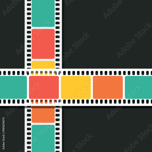 Colored movie filmstrips. Colorful film frames on dark background. Vector illustration