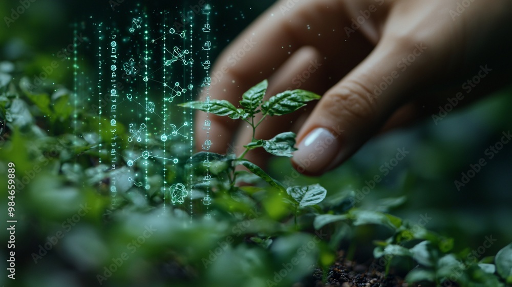A hand tenderly caressing plant leaves, with molecular structures and genetic symbols appearing in the background A hand tenderly caressing plant leaves, with molecular structures and genetic symbols appearing in the background