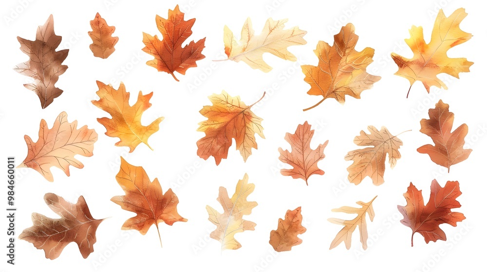 Vibrant Watercolor Autumn Oak Leaves Scattered Across a White Background with Warm Fall Hues Vibrant Watercolor Autumn Oak Leaves Scattered Across a White Background with Warm Fall Hues