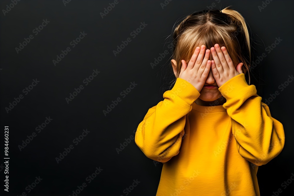 A young child in a bright yellow sweater covers their eyes with hands in front of a dark background, conveying a playful or shy emotion. A young child in a bright yellow sweater covers their eyes with hands in front of a dark background, conveying a playful or shy emotion.