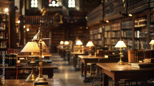 A historic library filled with rows of old books, lit by classic brass lamps on wooden desks, creating a warm and scholarly atmosphere