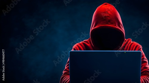 A mysterious figure in a red hoodie sits in front of a laptop, conveying a sense of secrecy and intrigue in a dark environment. photo