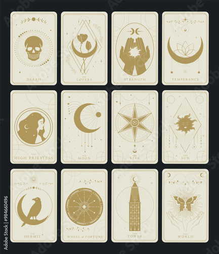 Golden Major Arcana symbols tarot cards design set. Tarot symbolism. Mystery, astrology, alchemy. Vector illustration photo