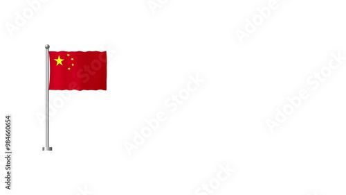 China flag animation on white background. Chinese flag waving in the wind.