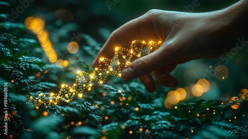 A hand touching lush greenery, with a backdrop of glowing biochemistry structures and DNA chains merging with the plants photo