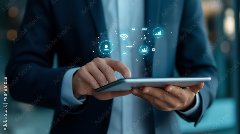 custom made wallpaper toronto digitalClose-up of a person using a tablet displaying virtual data icons, illustrating digital business solutions and information management.