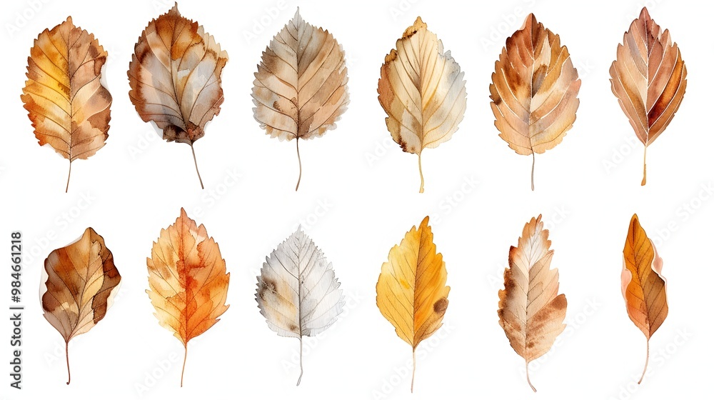 Obraz premium Vibrant Watercolor Autumn Beech Leaves in Gold Brown and Orange Hues on White Background