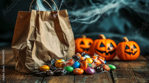 halloween candy lollipops and pumpkin in front of the door and table trick or treat jack o lantern background photo