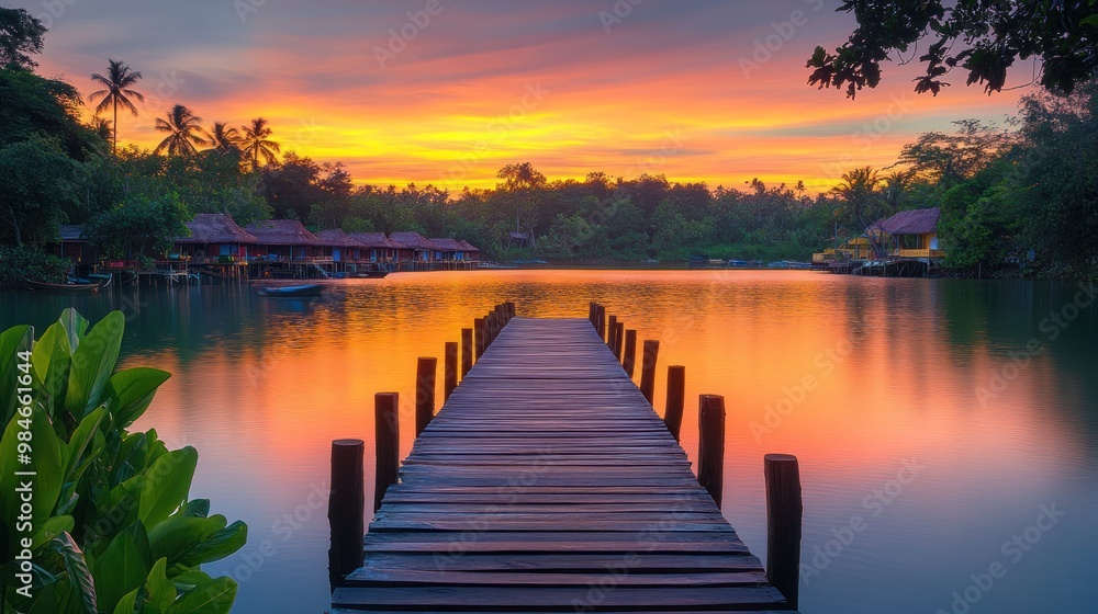 Serene sunset over a calm lake with a wooden pier leading into the water.