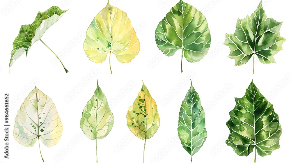 Soft Green and Yellow Watercolor Poplar Leaves with Intricate Details on White Background Soft Green and Yellow Watercolor Poplar Leaves with Intricate Details on White Background