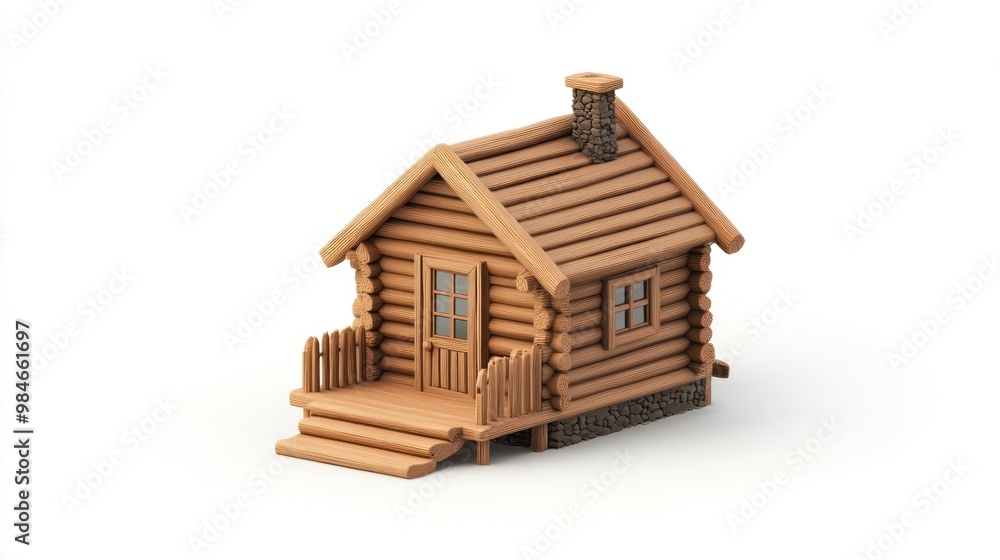 A small wooden log cabin with a front porch and chimney. A small wooden log cabin with a front porch and chimney.