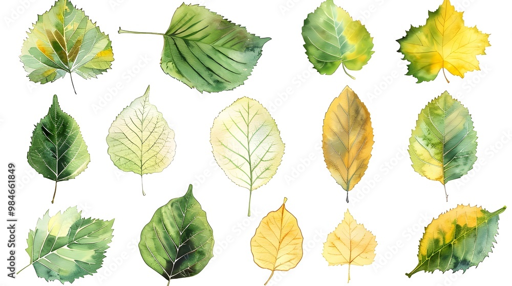 Fototapeta premium Vibrant Watercolor Birch Tree Leaves in Soft Shades of Green and Yellow with Detailed Vein Textures on White Background