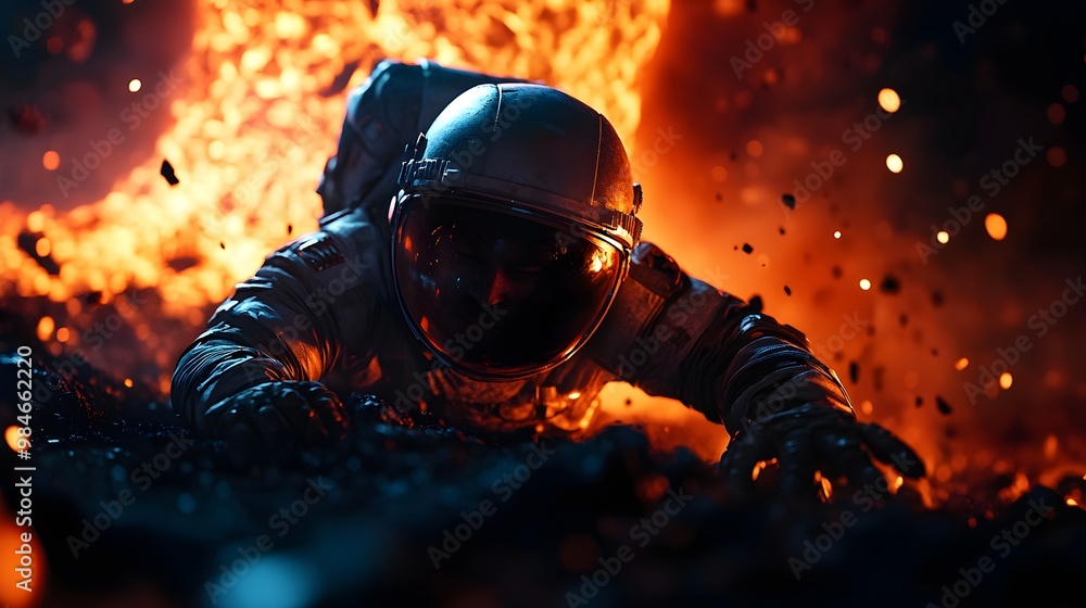 An astronaut crawls through debris against a fiery backdrop, conveying a sense of struggle and survival in a hostile environment. An astronaut crawls through debris against a fiery backdrop, conveying a sense of struggle and survival in a hostile environment.