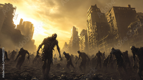 A horde of zombies swarming over the ruins of a collapsed city, searching for survivors. photo