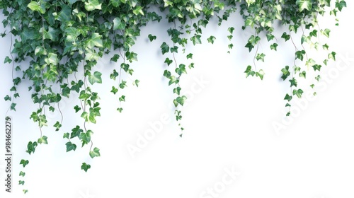 Green ivy vines cascading down a plain white wall, creating a natural aesthetic.