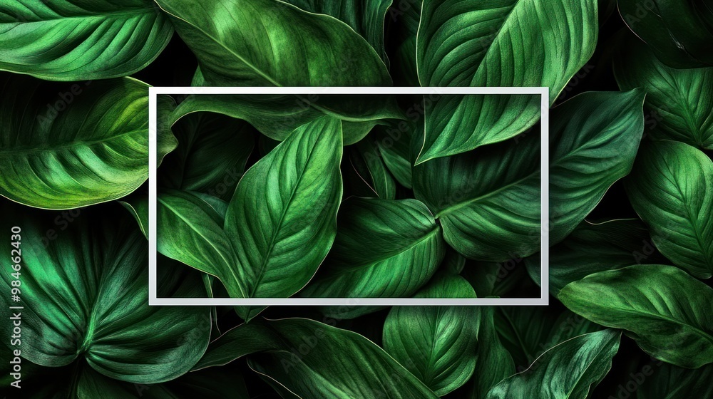 A lush arrangement of green leaves with a blank frame for text or design purposes. A lush arrangement of green leaves with a blank frame for text or design purposes.