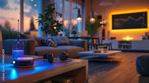 A Blue-Lit Glass Bottle, Headphones, and a Speaker on a Wooden Coffee Table in a Modern Living Room