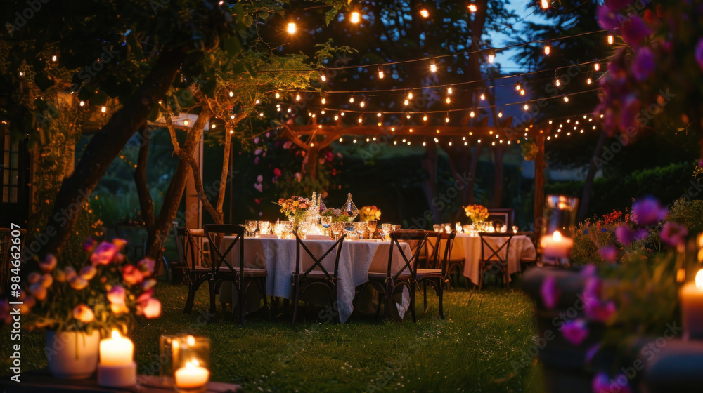 A garden party at dusk with string lights hanging above the seating area, casting a warm, inviting glow over tables set with candles and flowers, perfect for an outdoor event A garden party at dusk with string lights hanging above the seating area, casting a warm, inviting glow over tables set with candles and flowers, perfect for an outdoor event