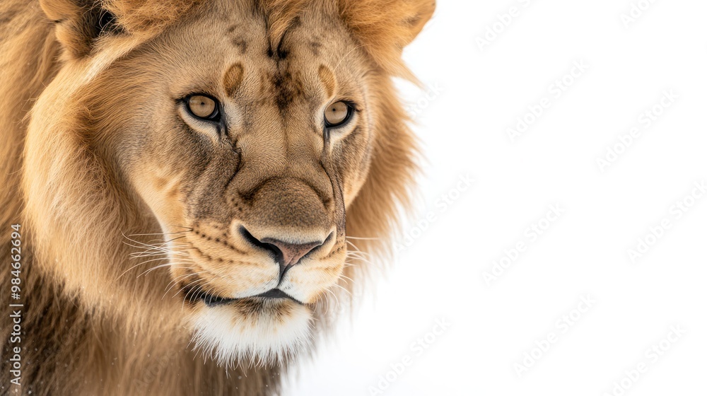 Obraz premium A close-up of a lion's face against a white background, showcasing its majestic features.